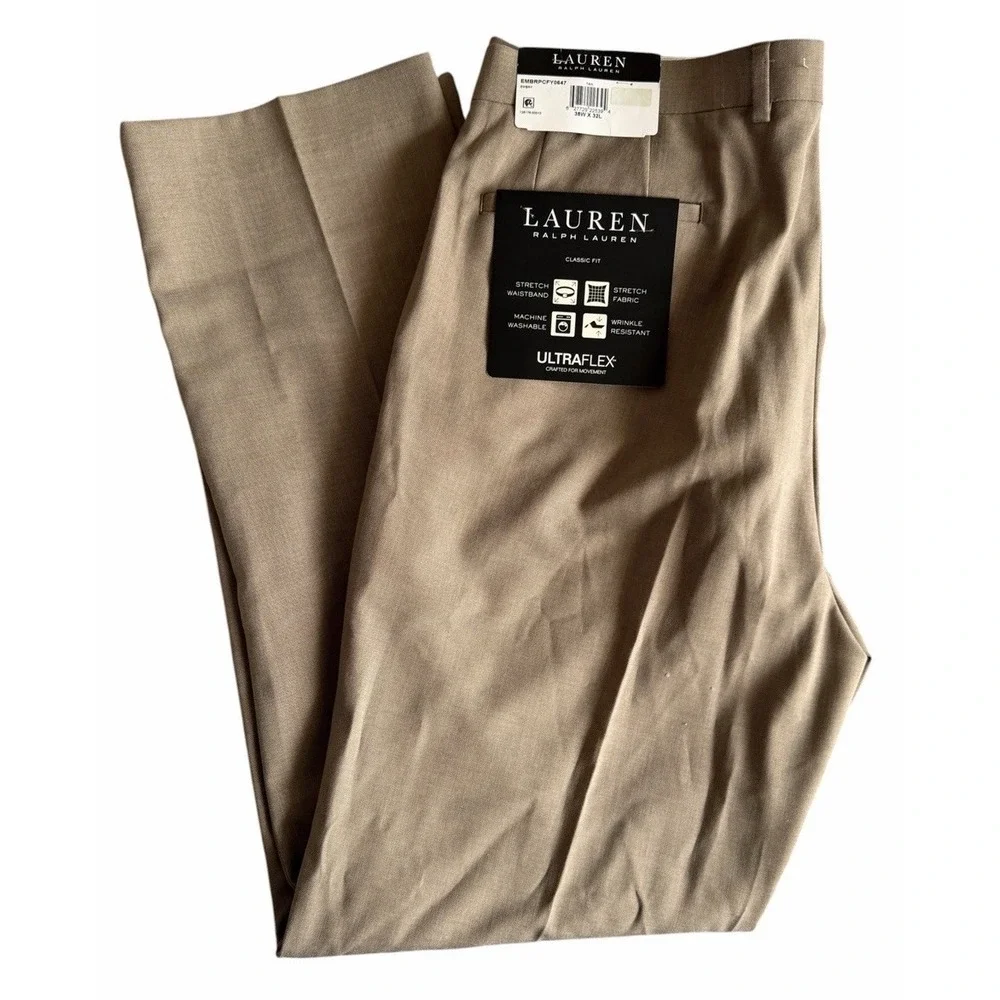 NWT Lauren Ralph Lauren Classic Fit Ultraflex Dress Panrs Tan Mens 38x30